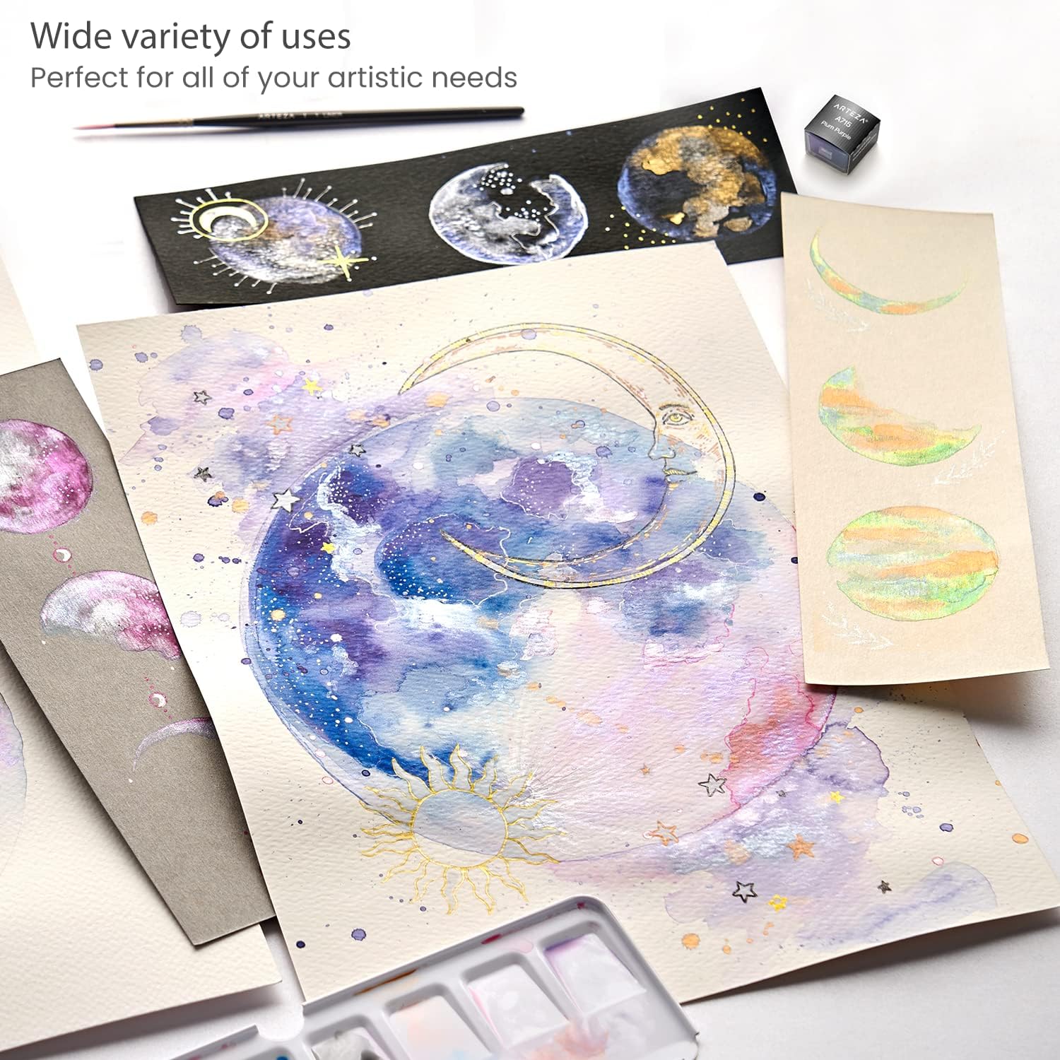 Arteza Metallic & Iridescent Watercolor Paints in Half Pans, Set of 12 Colors, Enchanted Forest Theme